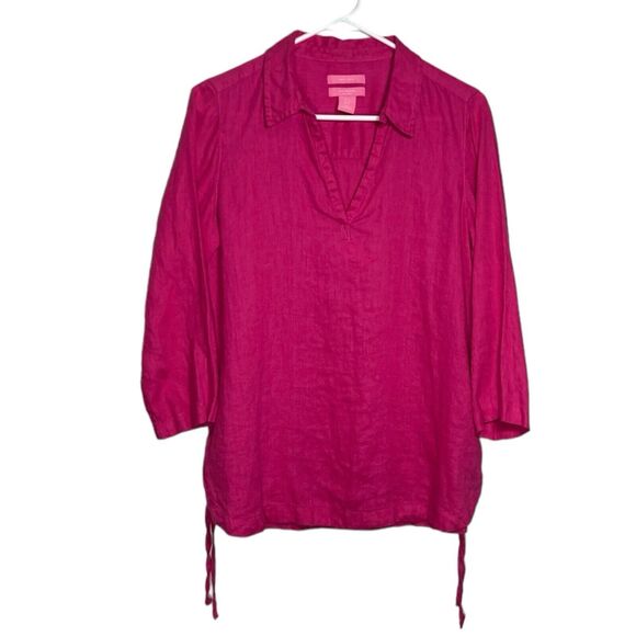 Isaac Mizrahi Linen Top Womens Small Pink Coastal Beach 3/4 Sleeve V-Neck Shirt - Picture 4 of 10
